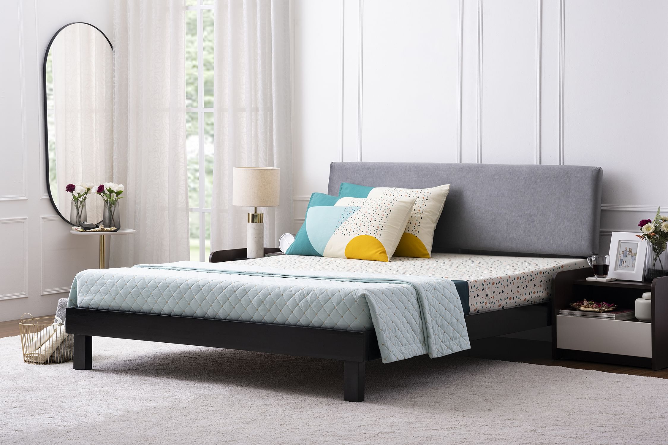 Bordo Solid Wood Queen Bed in Walnut Finish - Velvet Grey