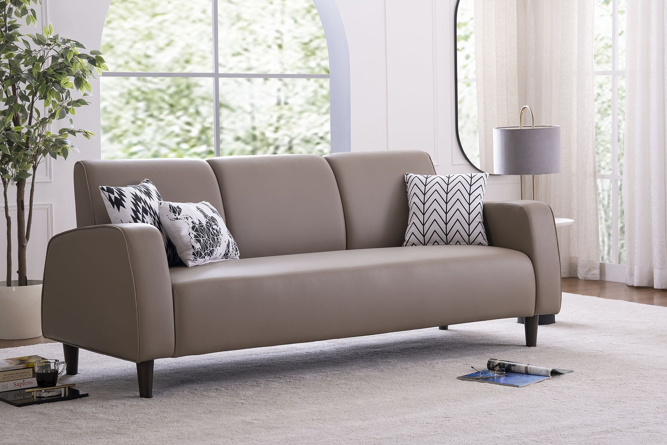Ella Leatherette 3 Seater Sofa in Sand Beige Color