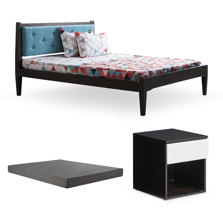 

Mili Dvi Queen Bed Blue with 6" Premium Mattress and Hop Bedside Table - Walnut