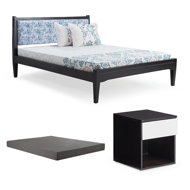 

Mili Dvi Queen Bed Damask with 6" Premium Mattress and Hop Bedside Table - Walnut
