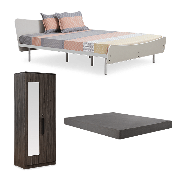 

Allen Queen Bed with Premium 6 inch Mattress and Haimish 2 Door Wardrobe with Mirror